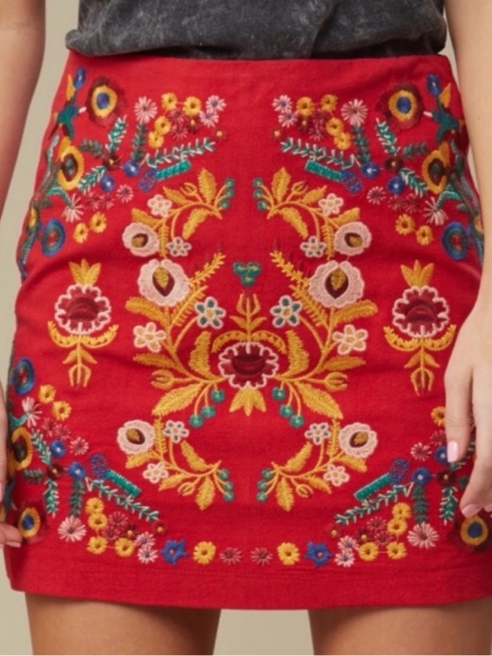 Altar'd State Red Embroidered Floral Mini Skirt